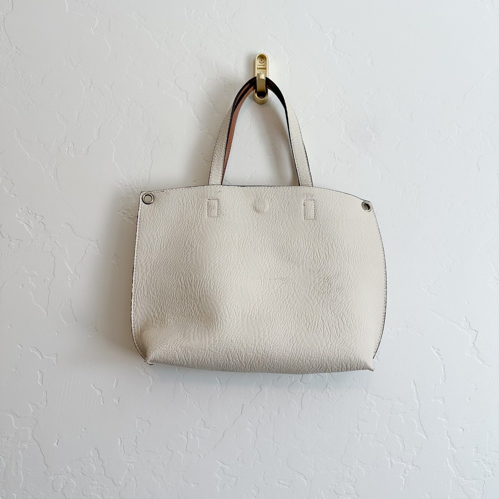 Cream Pebbled Leather Structured Shoulder Tote Bag with BrownPouch